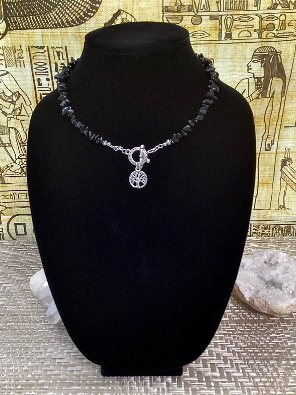 Handcrafted Black Obsidian Chip Bead Necklace with Silver Tree of Life Charm